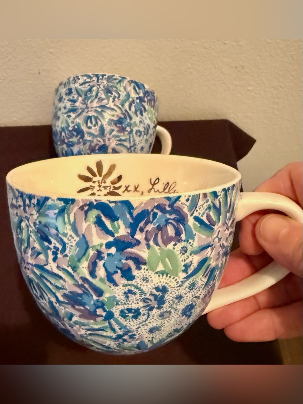 2 Lilly Pulitzer ceramic coffee mugs. Blue floral "High Maintenance" pattern - Picture 10 of 15